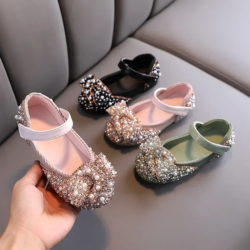 Children's Leather Shoes Rhinestone Pearl Luxury Girl Princess Shoes Fashion Shallow Kids Causal Flat Mary Jane Shoes for Ballet