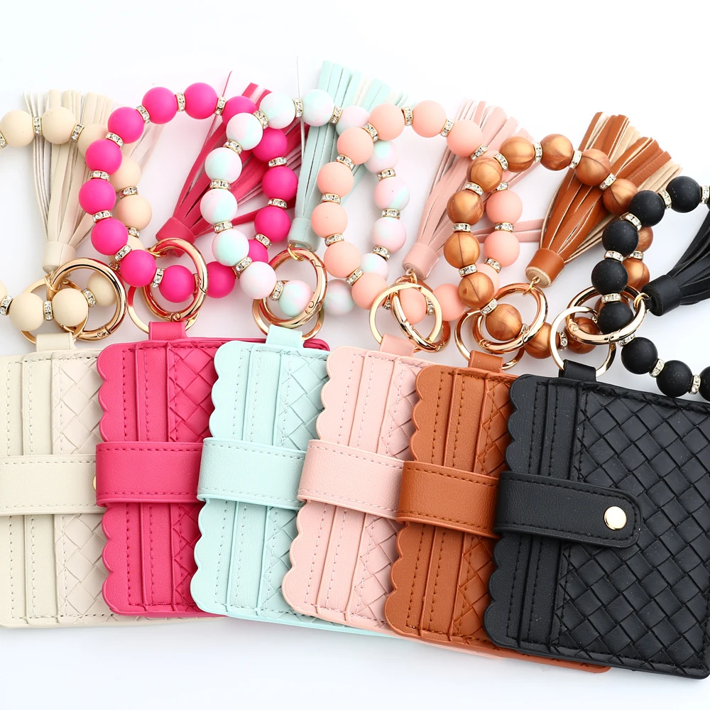 2024 New PU Card Holder Silicone Beaded Bracelet Keychain Card Holder Women's Wallet   Leather Woven Card Bag Zero Wallet 5