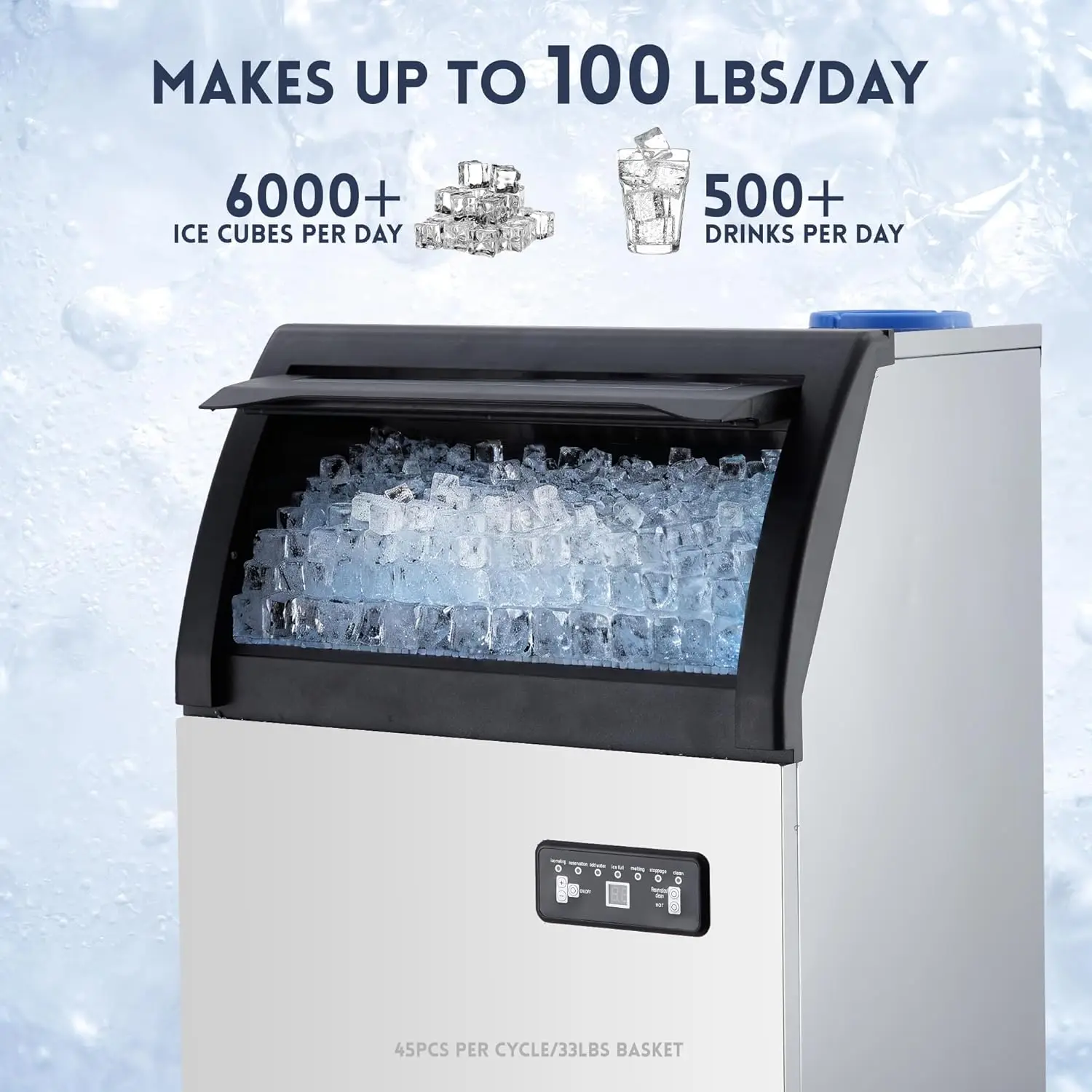 Commercial Ice Maker 100 Lbs/24H, Stainless Steel Freestanding Under Counter Ice Machine with 33 Lbs Storage, For Bar Home