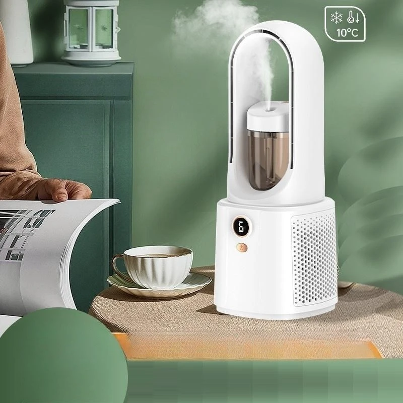 Bladeless Fan Leafless Spray Fan Portable USB Mute Desktop Bedroom Night Light Humidifying Electric (White)