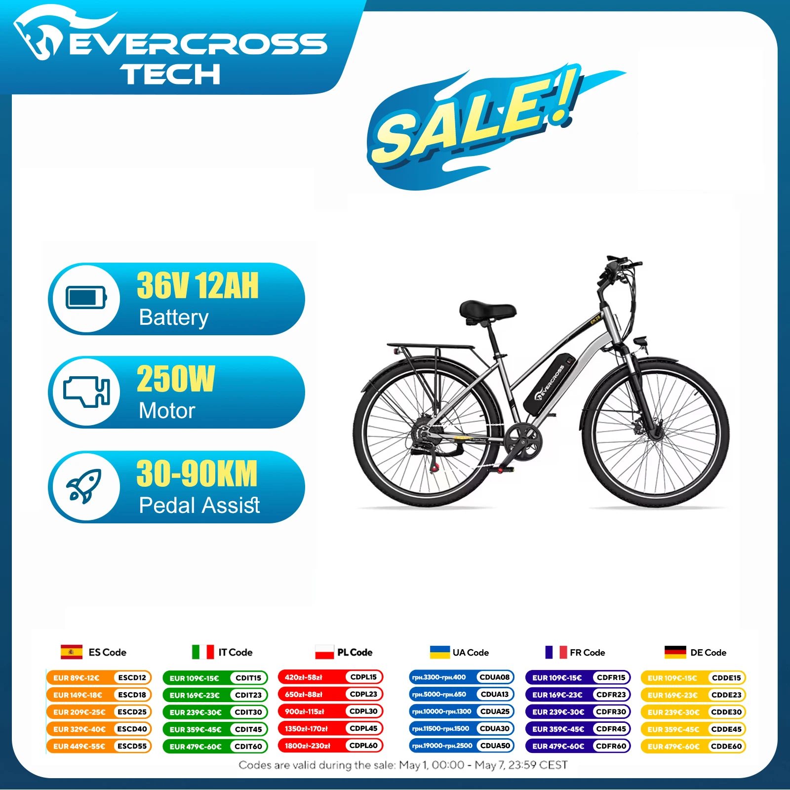 Rower elektryczny EVERCROSS TECH EK28 z Polski za $554.67 / ~2072zł