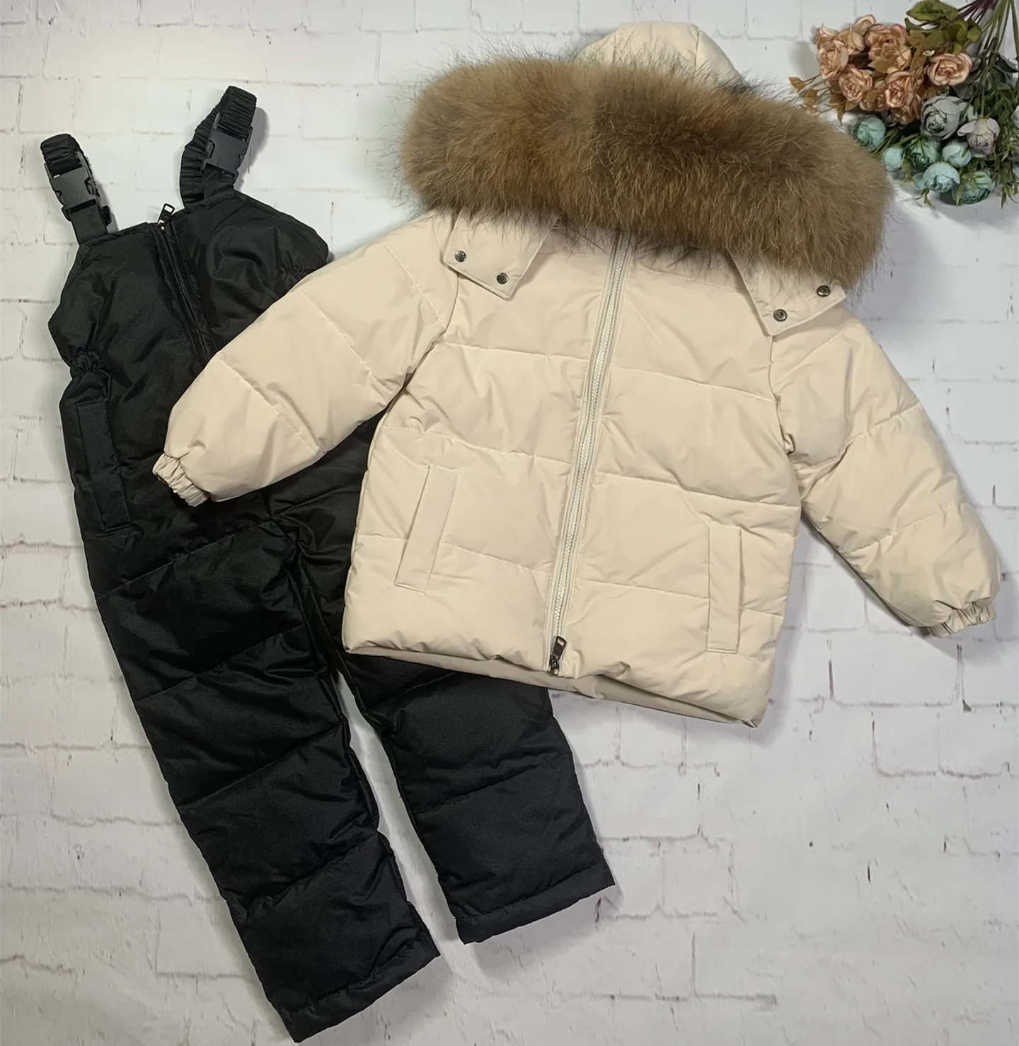 

2023 Winter Coat for Baby Girl Boy Goose Down Clothes for Boy Real Raccoon Fur Jacket Pants 2pcs Set 0-12 Years