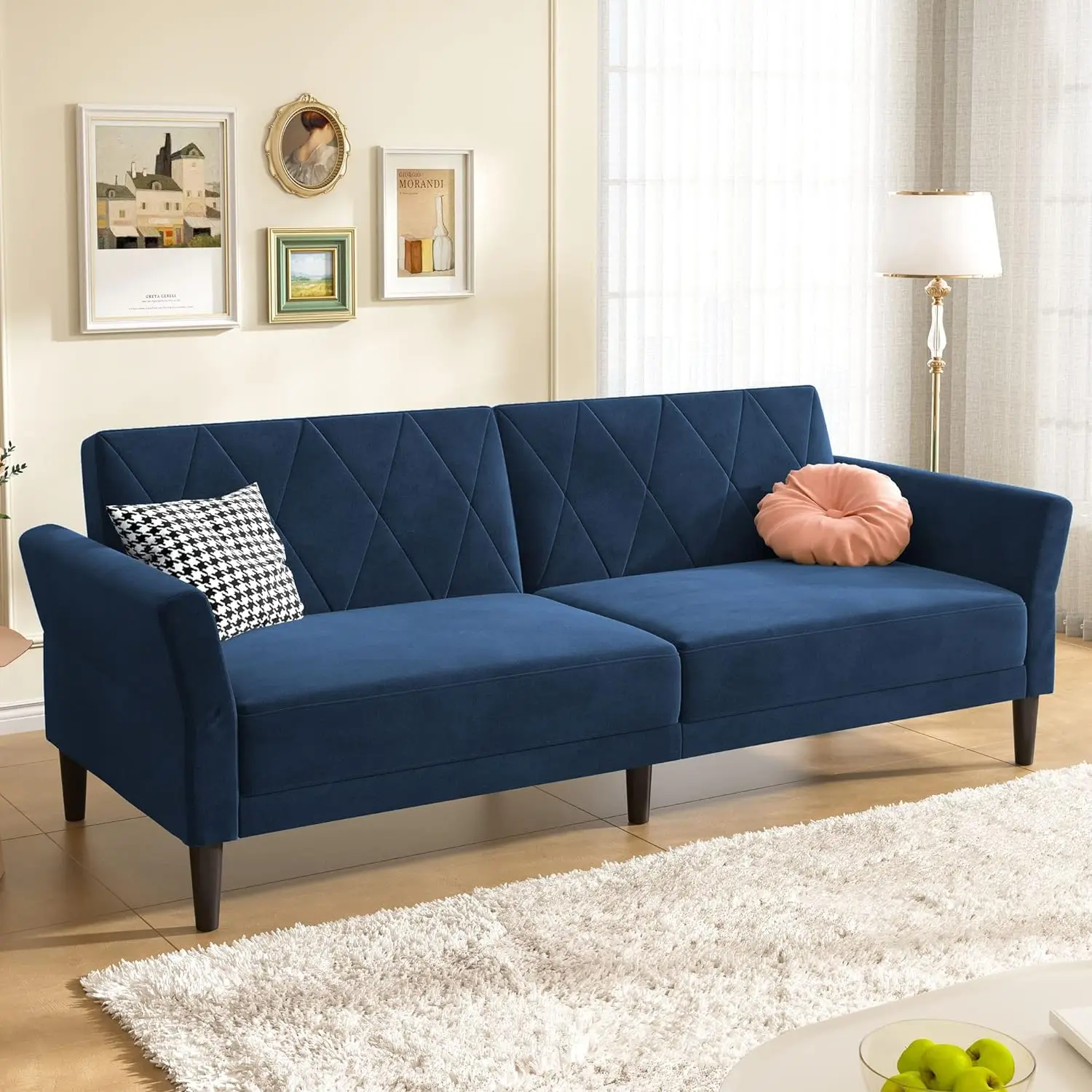 

Convertible Futon Bed Velvet Sleeper Sofa Tufted Couch Bed with Adjustable Armrests for Apartment
