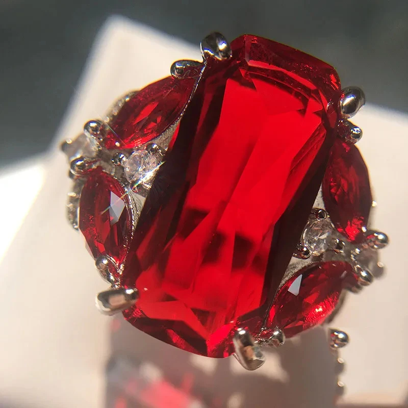 Fashion Female Real 925 Sterling Silver Jewelry Ring Have Stamp AAA Big Red CZ Stone Wedding Rings for Women Party silver rings silver ring wedding rings