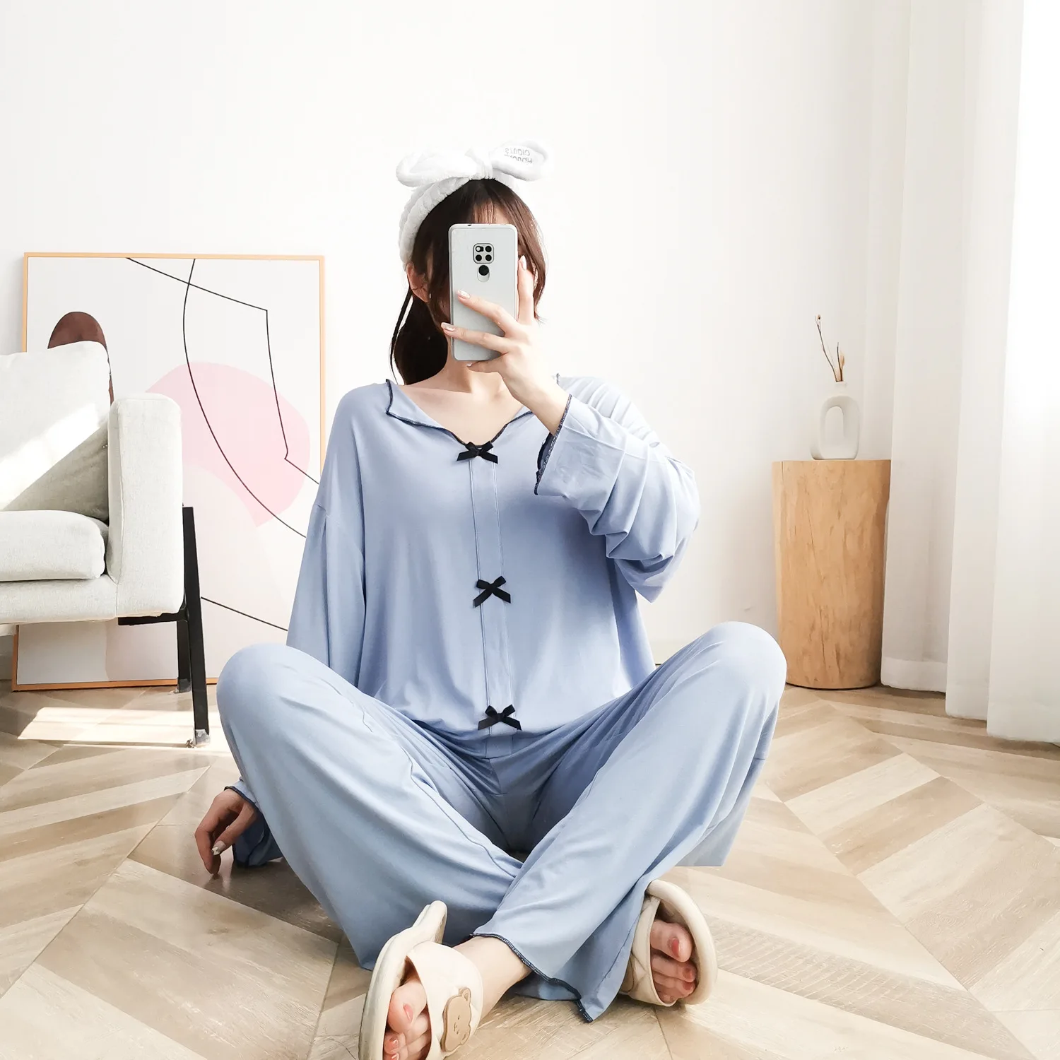 

Plus Size 5XL Pajamas Set Women Soft Modal Fashion FatMM 120Kg Women Long Sleeve Sleepwear Home Clothes Women Female Sleepwear