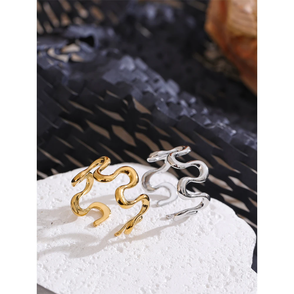 Yhpup Minimalist Stainless Steel Metal Irregular Open Adjustable Ring for Women