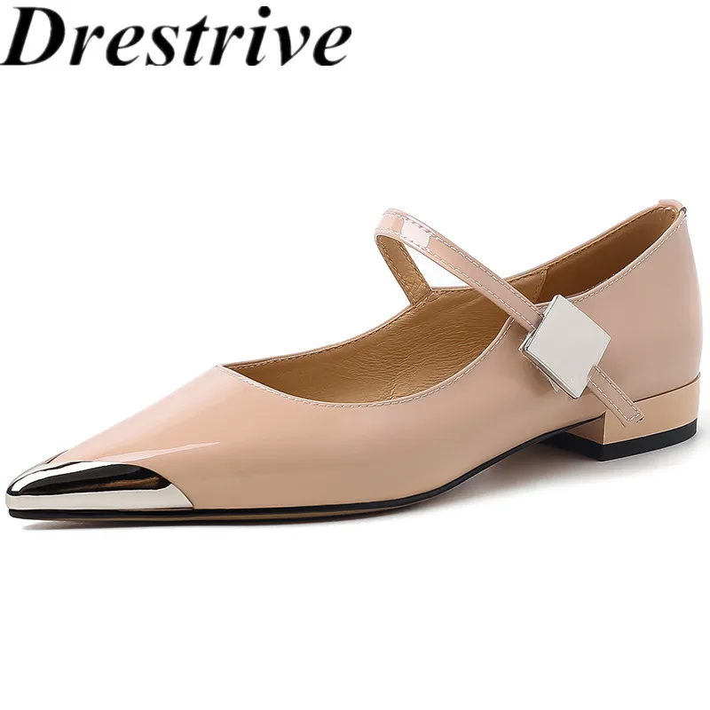 

Drestrive 2024 New Women's Pumps Handmade Sheep Patent Leather Pointed Metal Toe Thick Low Heels Mary Janes Top Quality Buckle