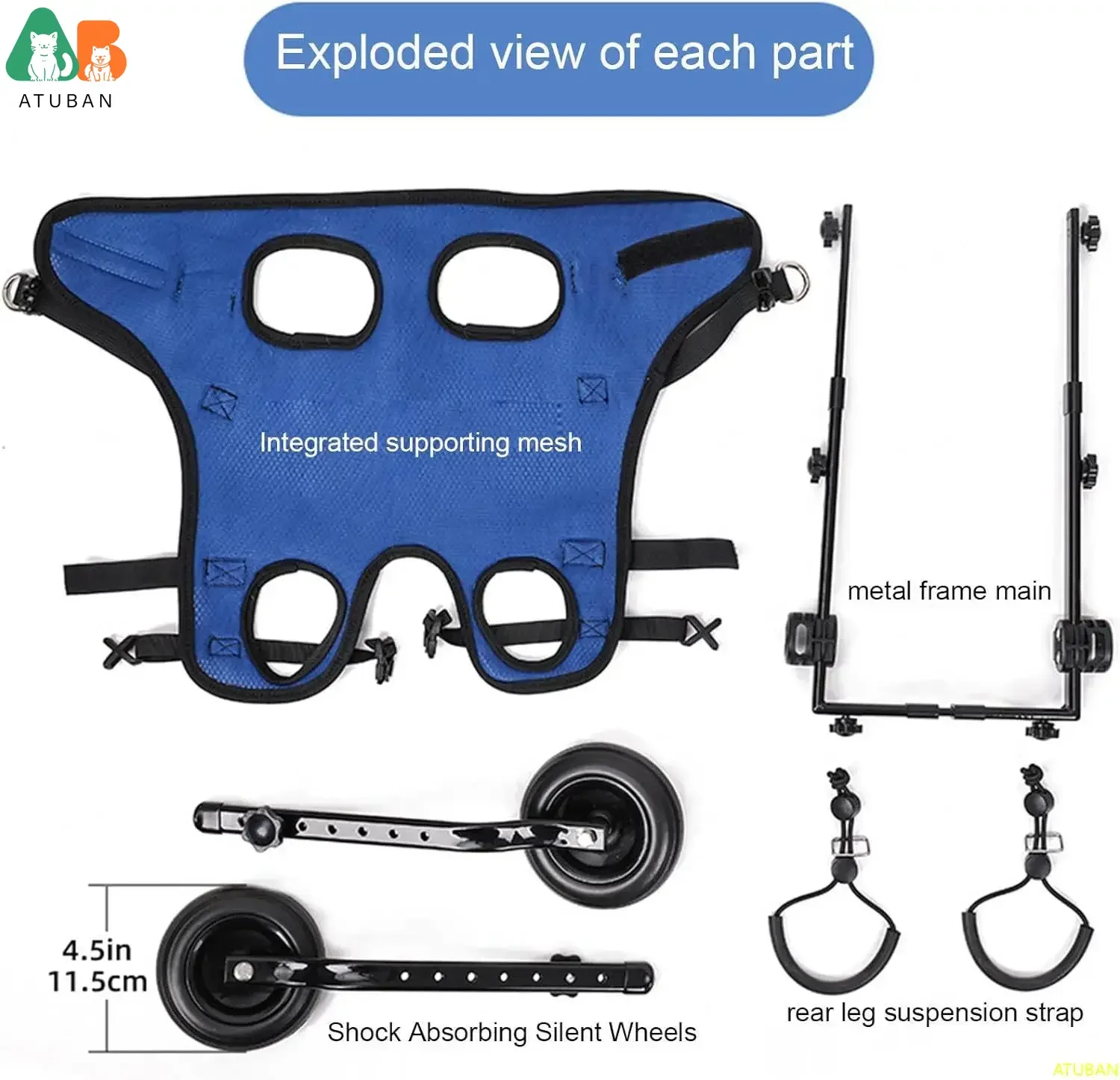 ATUBAN Cat & Dog Wheelchair, Adjustable Pets Cart with Wheels for Back Legs,Dog Brace and Hip Support, to Recover Their Mobility