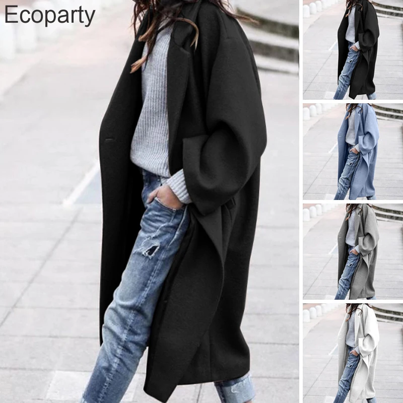 

Женское повседневное длинное пальто, Однотонное шерстяное пальто с длинными рукавами и отложным воротником, свободного покроя, Осень-зима 2023