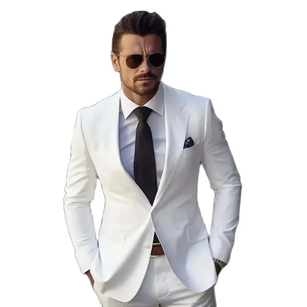 Hight Quality White Suits for Men Luxury Wedding Groom Outfits 2 Piece Jacket Pants Set Single Breasted Notch Lapel Blazer 2024
