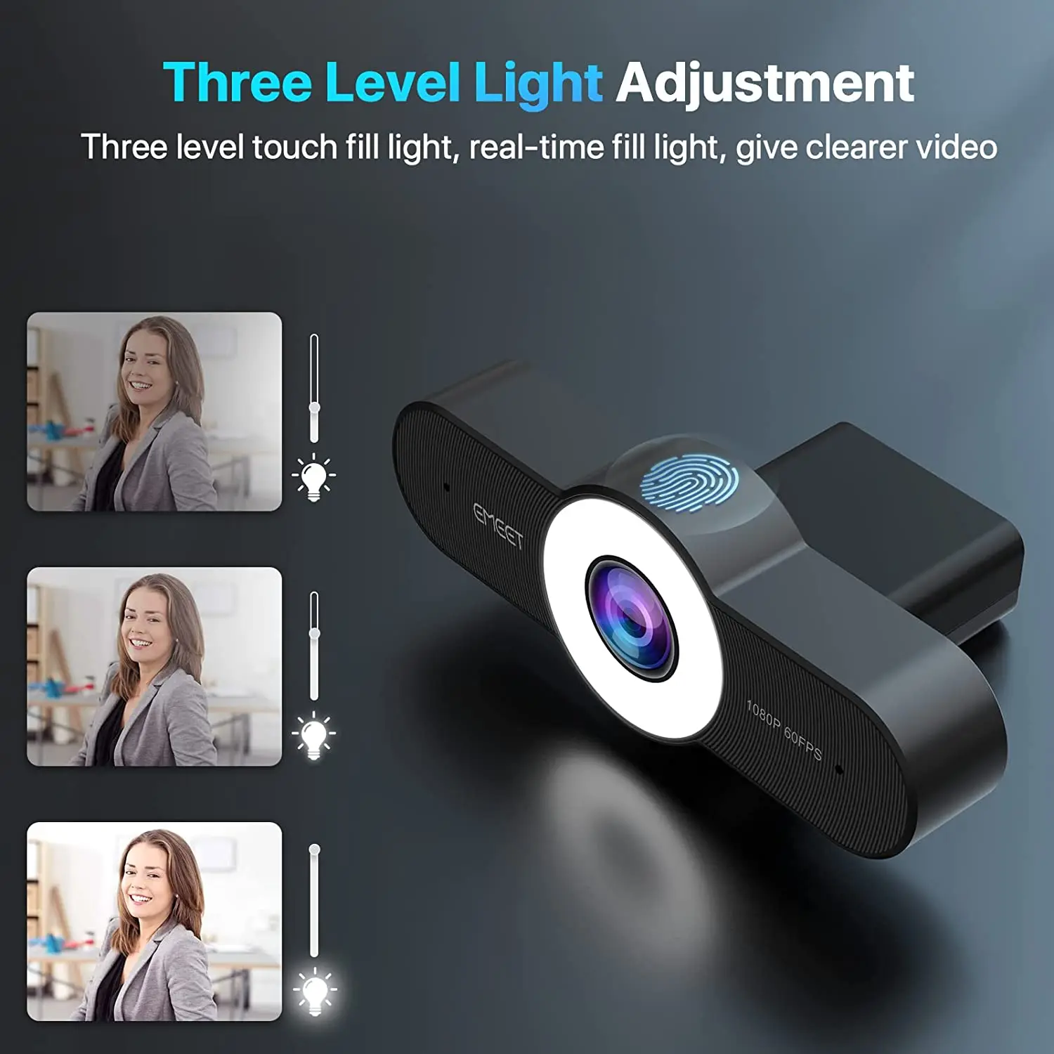 PC Webcam 1080P 60FPS Streaming Autofocus HD Three Level Light EMEET C970L For Computer Desktop Laptop