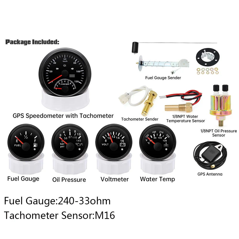 Juego de 5 indicadores, velocímetro GPS de 85MM, odómetro + tacómetro, 8000RPM, 52mm, indicador de nivel de combustible, medidor de temperatura del agua, VOLT, prensa de aceite, alarma