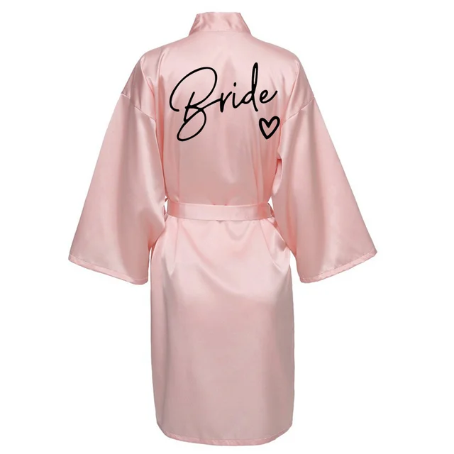 Wedding Party Team Bride Robe With Black Letters Kimono Satin Pajamas Bridesmaid Bathrobe SP003 Pink1
