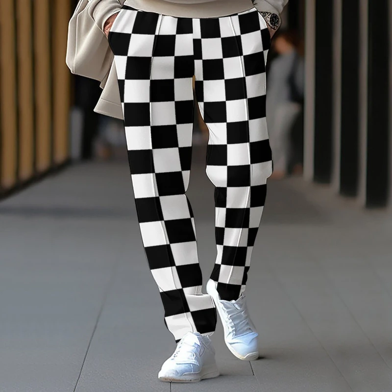 Men's Fashion Casual Checkered Printed Pants Loose Tight Rope Heavyweight Straight Leg Pants