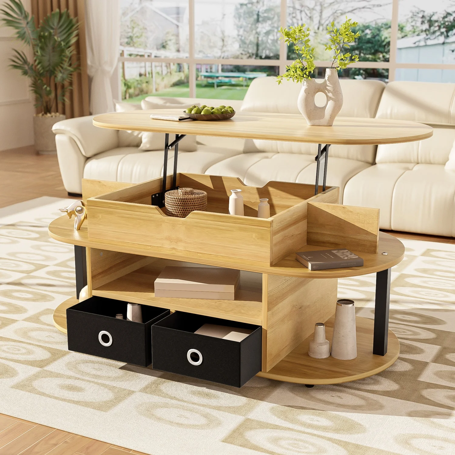Modern Wooden Coffee Table With Lifting Function, Large Storage Space Black Fabric Drawers, Versatile Sidetable For Living Room – Detail 3