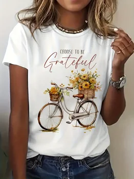 Women's Choose to Be Grateful Floral Bike Short Sleeve Printed T Shirt Clothing Women's T-Shirt Graphic Clothing Women's Top Tee 1