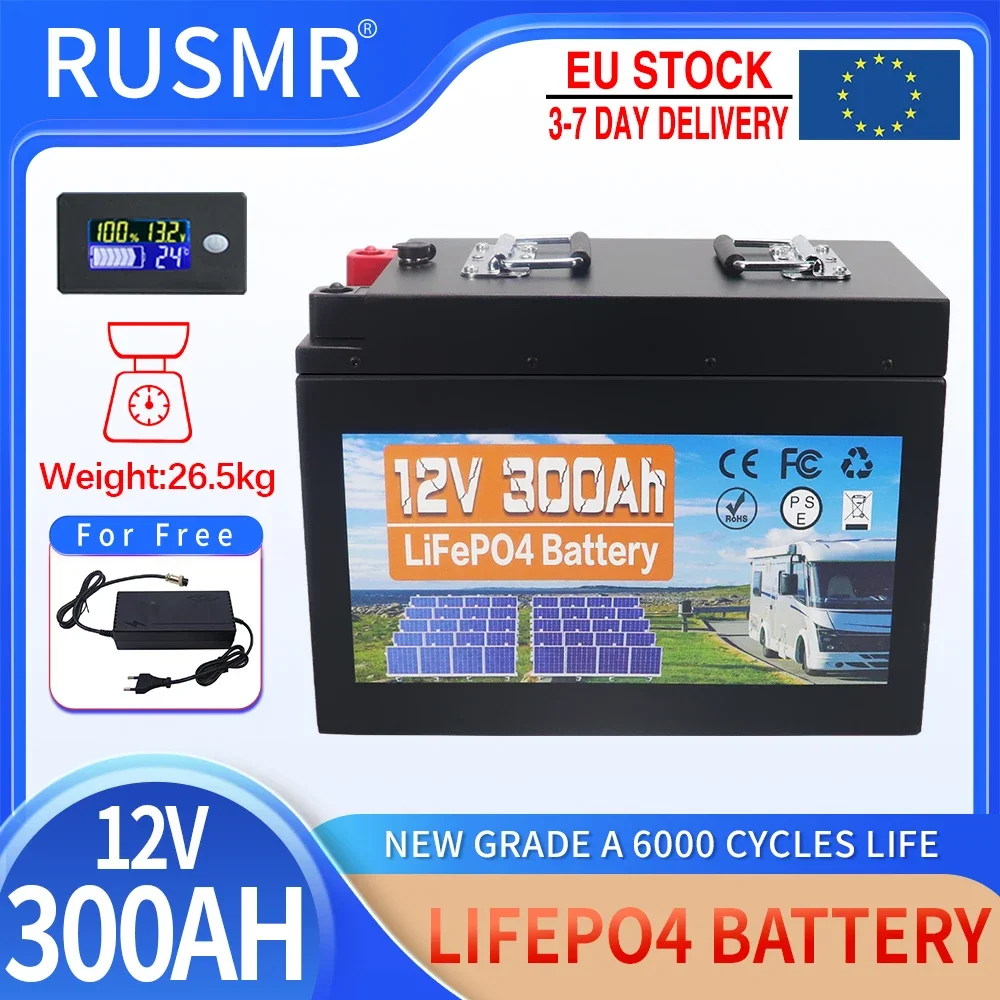 

12V 300Ah LiFePO4 Battery Pack Built-in BMS Lithium Iron Phosphate Cells 6000 Cycles For RV Campers Golf Cart Solar With Charger