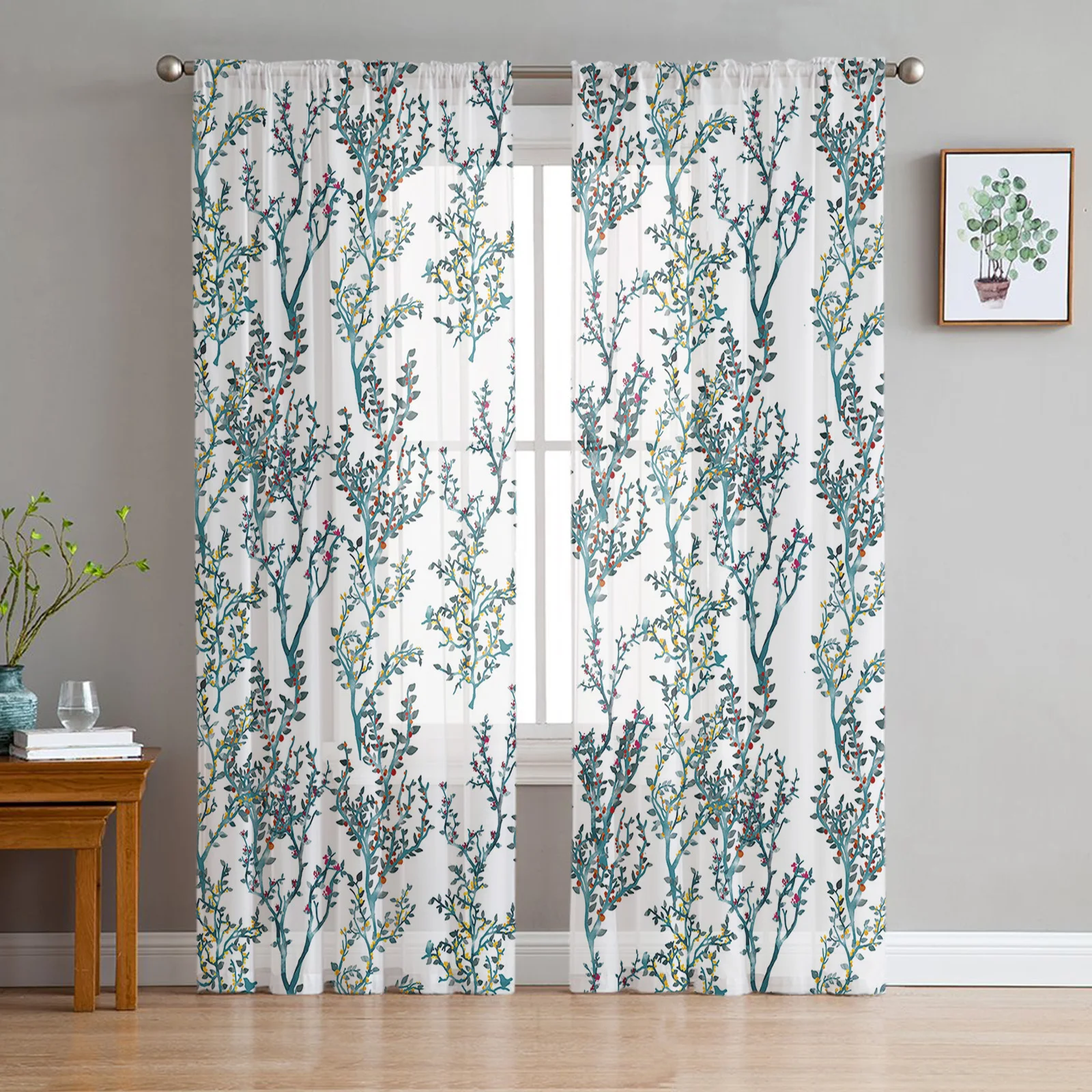 

Plant Branches Hand Drawn Tulle Curtains for Living Room Sheer Curtain for Bedroom Kitchen Blinds Voile Curtains