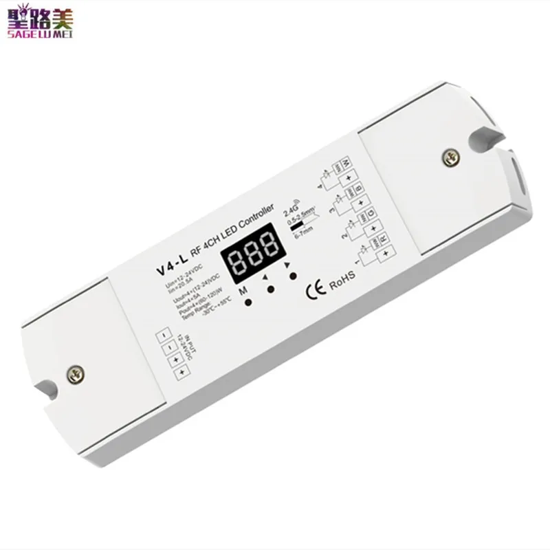 

V4-L 4 IN 1 4CH*5A Dimming Single Color CCT/RGB/RGBW Led CV Controller Constant Voltage 2.4GHz RF Wireless Reciever DC12-24V