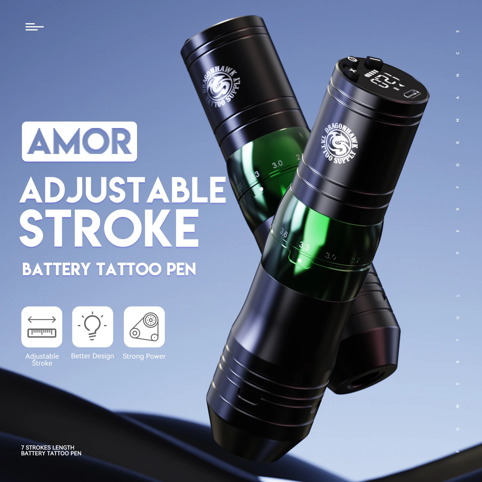 Dragonhawk AMOR Adjustable Stroke Coreless Motor Wireless Tattoo Pen Cartridge Tattoo Needle and Ink Machine Kit Complete