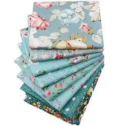 Vintage Teal Floral Fabric Set - 8 Pieces of 100% Cotton Twill for Quilting and DIY Sewing Crafts (8 floral fabrics)