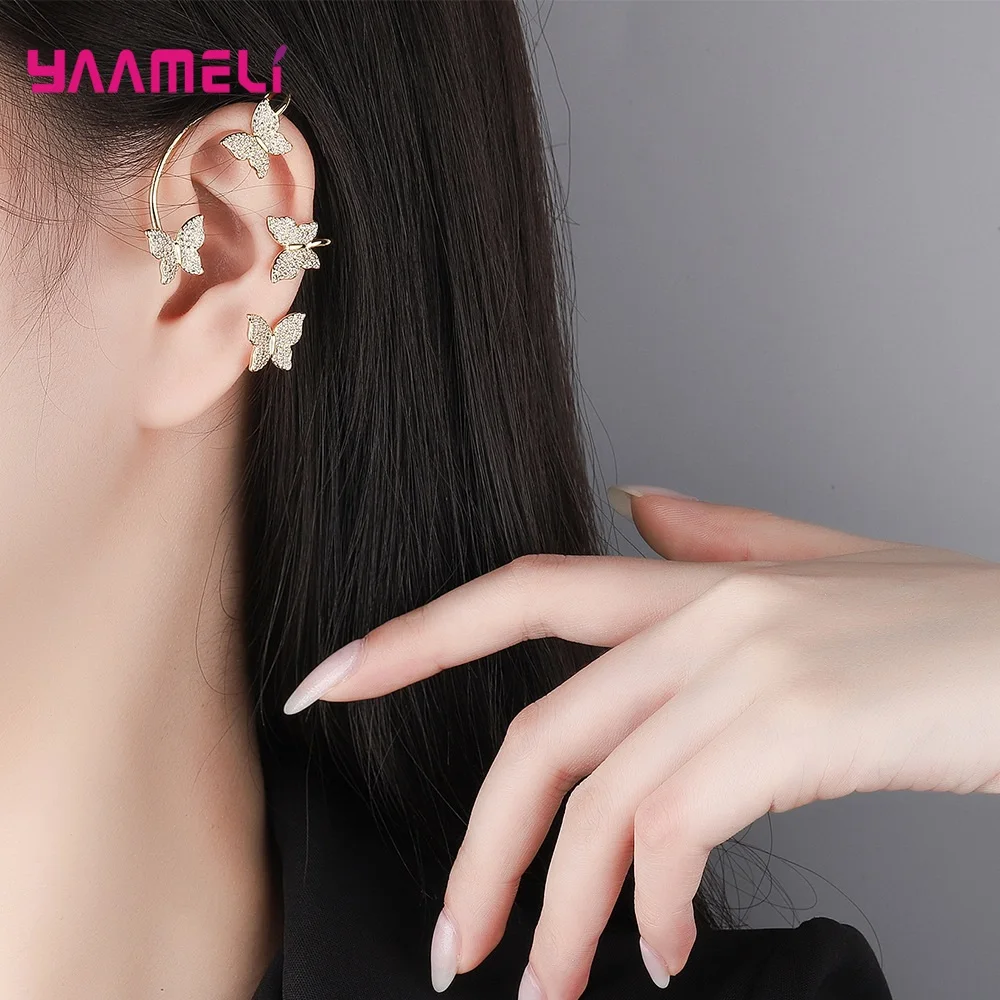 

1PC 925 Sterling Silver Jewelry Cuff Clip Earrings Brilliant Cubic Zircon Inlay Paved Betterfly Cartilage Pendientes for Women