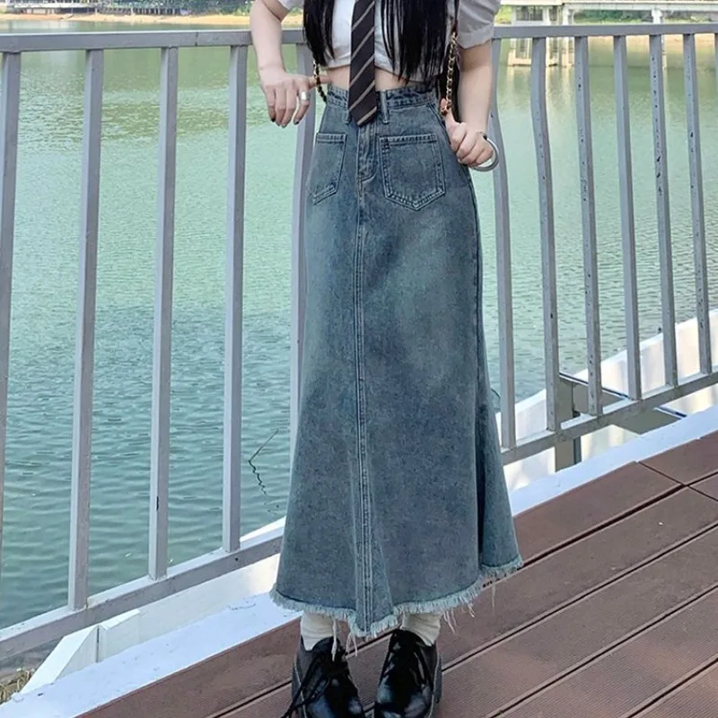 Spring Autumn Women's High Waist Solid Distressed Button Zipper Pockets Split Fashion Casual Loose Denim Office Lady Skirt