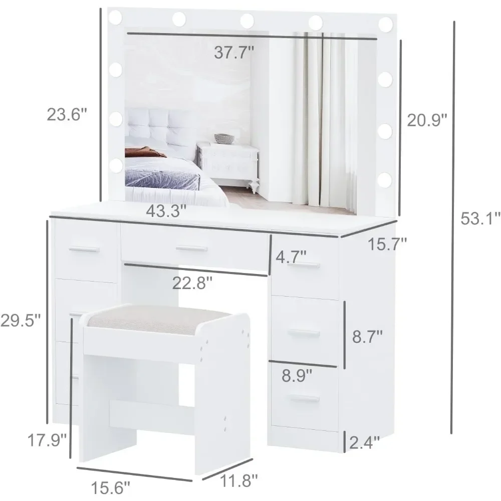 Vanity Desk with Stool Makeup Vanity Table Set 3 Color Lighting Modes Brightness Adjustable for Bedroom Girls