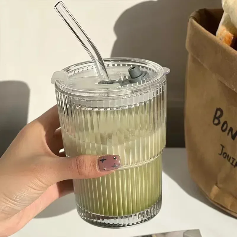 450ml Transparent Glasses Stripe Glass Cup with Lid and Straw Ice Coffee Mug Tea Cup Drinkware Water Bottles Kitchen Accessories