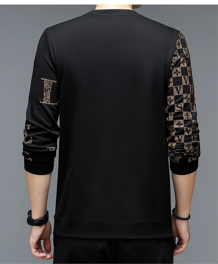 Spring and Autumn Men's Pullover Round Neck Plaid Print Contrast Color Long Sleeve T-shirt Hoodies Fashion Casual Formal Tops