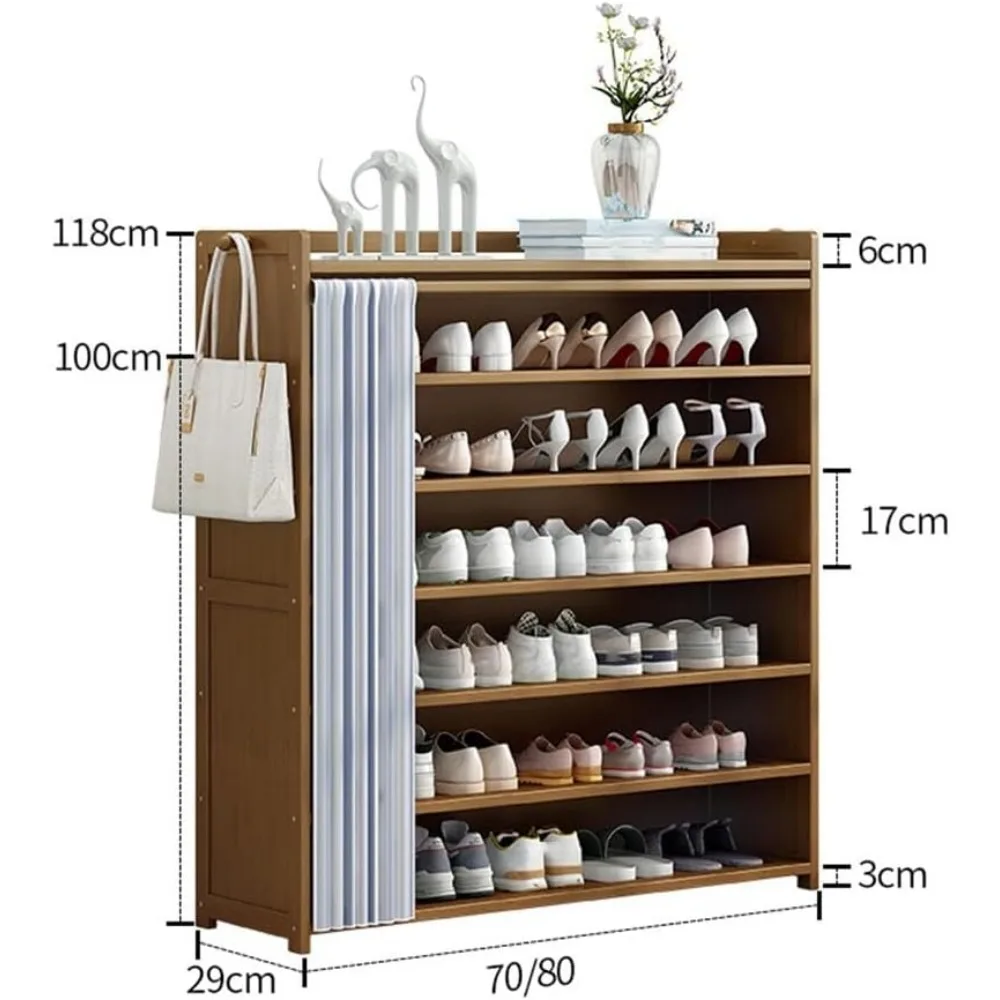 Bamboo Shoe Rack with Door Curtain, Portable Shoe Storage Organiser with 2 Hooks Heightened Bottom Easy Assembly Shelf Organiser