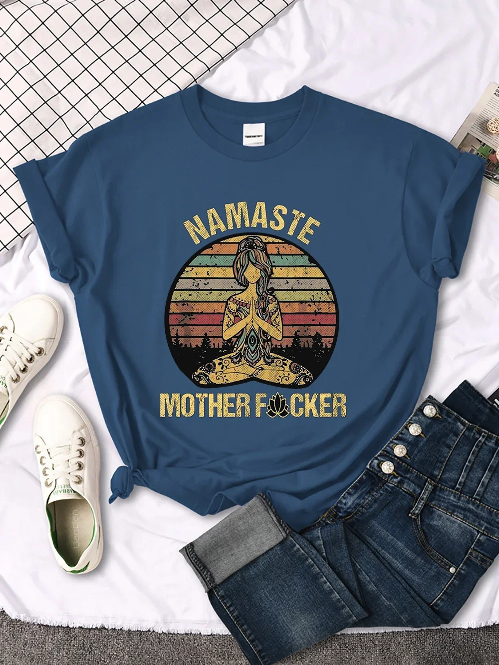 

Винтажная женская футболка с четким рисунком Namaste Mother, креативные футболки с круглым вырезом, модный дышащий кроп-топ, Повседневная Спортивная футболка