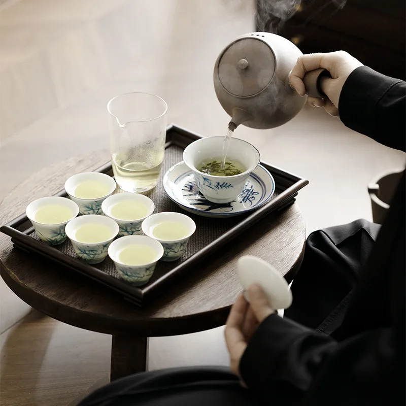 Hand-painted Blue and White Cover Bowl Kung Fu Tea Set Manual Thin Bag Silver Rimmed Tea Cup Sample Cup