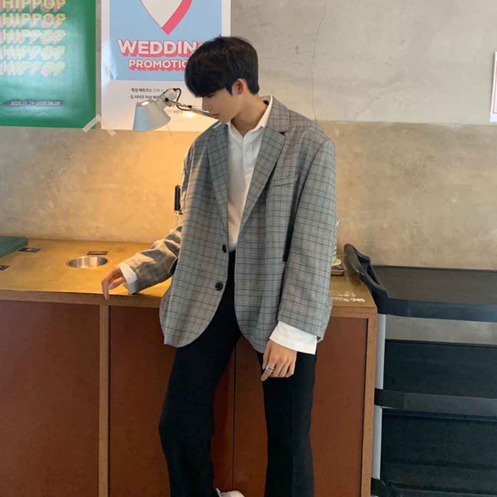 STEVDITG Chic Checkered Stripes Blazer Men Oversized Fashion Casual Suit Daily Jacket Korean Loose One Piece Office Formal Man