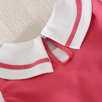 Youthful Girl s Summer Dress with Short Puff Sleeves V-Neckline and Bow Detail in A-Line Silhouette Featuring Contrast Colors 2