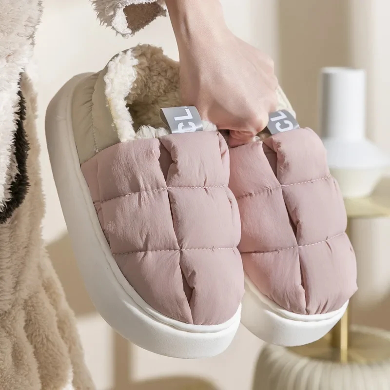 Down Cotton Shoes for Women Winter Thicken Plush Waterproof Slip on Platform Outside Wear Light Soft Sole Warm Lovers Slippers
