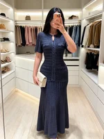Summer Luxury Navy Blue Tweed Knit Maxi Dress Women Elegant Short Sleeve Button Front Pocket Mermaid Hem Formal Party Outfit New