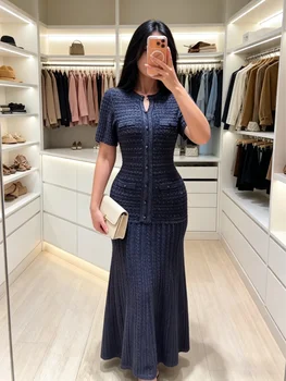 Summer Luxury Navy Blue Tweed Knit Maxi Dress Women Elegant Short Sleeve Button Front Pocket Mermaid Hem Formal Party Outfit New 1