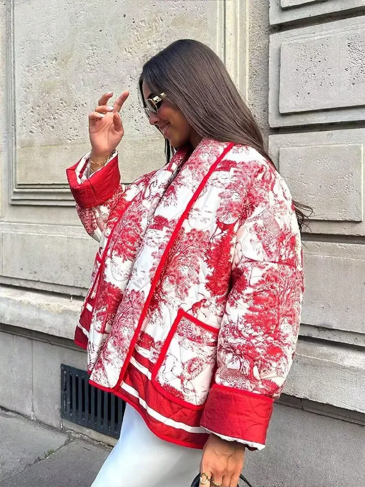 HH Print Short Jacket Women Long Sleeve Warm Pocket Cardigan Coat Autumn Winter New Fashion Y2K Female Street Outwears