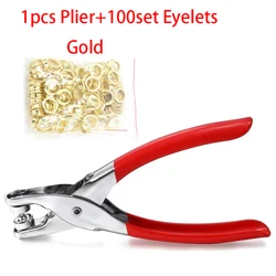 100 Sets Metal Eyelet & Punch Tool Kit for DIY Leather Craft & Clothing (Plier-Eyelets Gold)