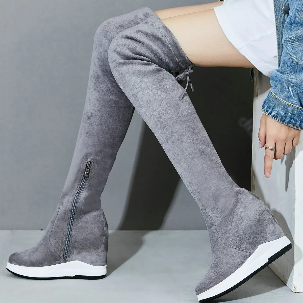 

Plus Size Pumps Shoes Women Stretchy Genuine Leather Wedges High Heel Over The Knee Boots Big Size Female Round Toe Sneakers