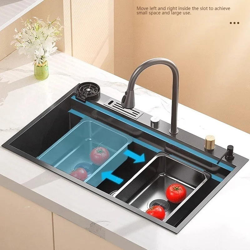 Stainless Steel Waterfall Kitchen Sink Extra Large Single Slot Multifunctional Dishwashing Sinks Undermount Basin Cup washer kitchen accessories,kitchen sink