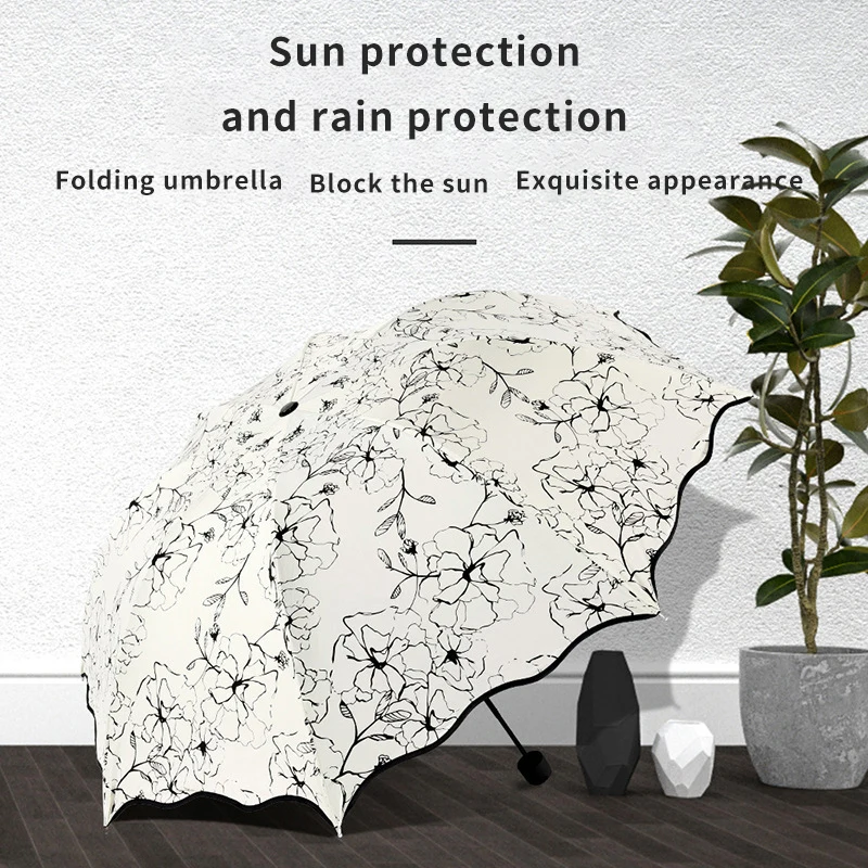 

Lotus Flower Creative Sunny Umbrella Three fold Sun Umbrella Women's Sunscreen Black Gel Sunshade Umbrella