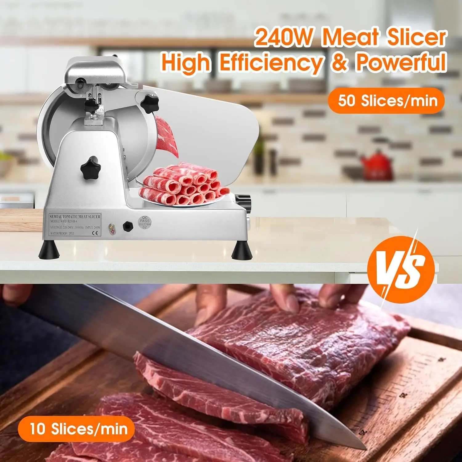 Slicer Machine,10 inch Commercial Meat Slicer, 240W Frozen Meat Cheese Deli Slicer,Premium Chromium-plated Steel Blade Semi-Auto 3