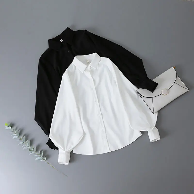 Deeptown Lantern Sleeves Vintage Shirts Women Elegant White Womens Blouse with Lush 2021 Fashion Button Up Shirt Black | Женская одежда