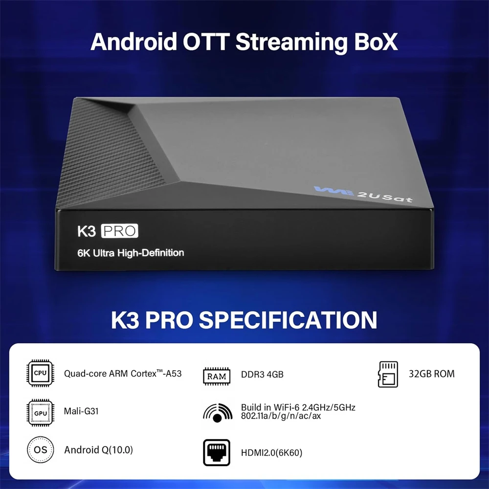 GTMEDIA K3 Pro 6K HDR Android Q (10.0) TV Box H.264/H.265 10bit Build in WiFi-6 2.4GHz/5GHz+BT 5.0,4GB+32GB STB Suit for the US