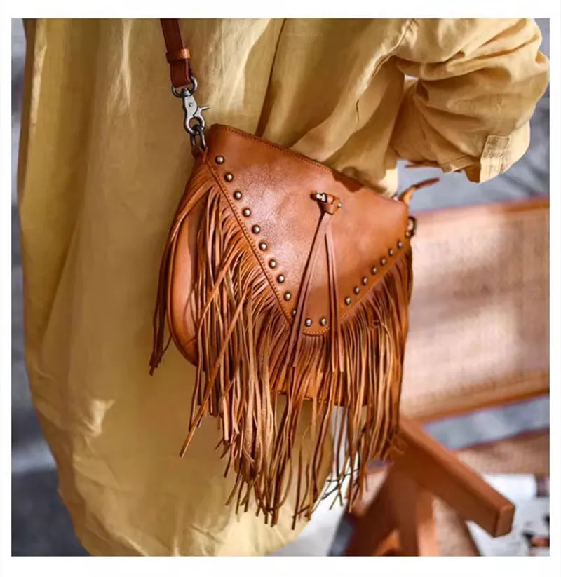Pndme Mode Vintage Designer Echt leder Damen Quaste Tasche lässig Outdoor echte Rindsleder weibliche Schulter Umhängetasche – Detail 4