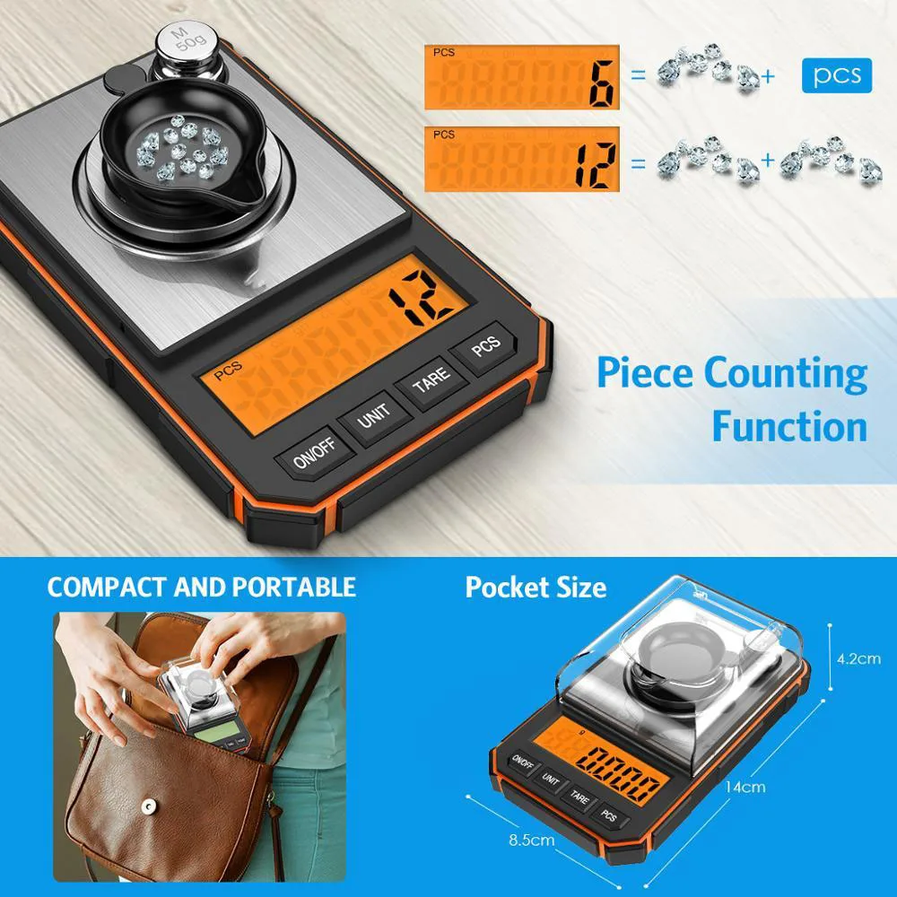 휴대용 미니 정밀 디지털 저울, 전문 포켓 저울, 밀리그램 50g, 교정 무게 도구, 배터리 포함, 0.001g