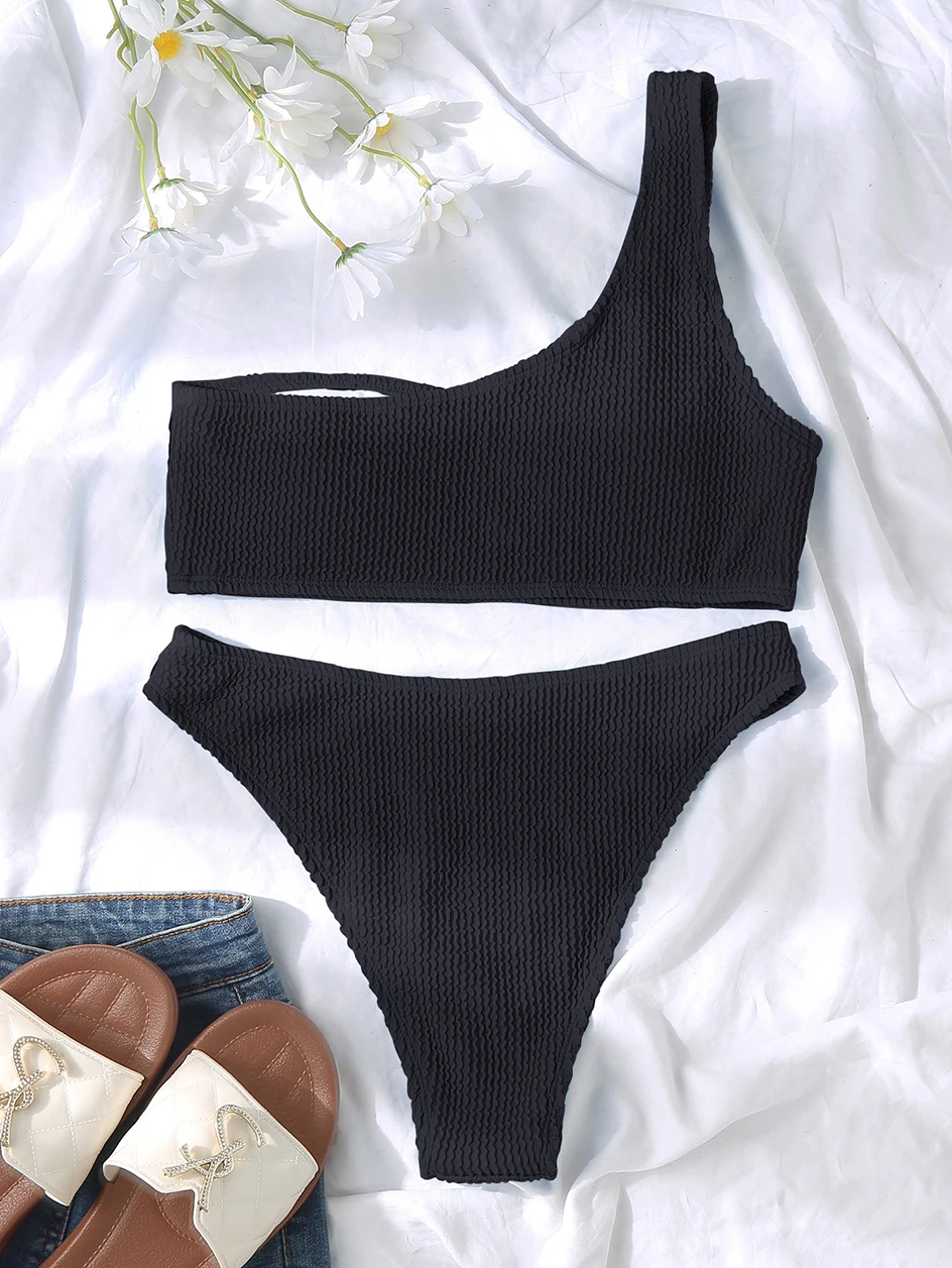 Sexy One Shoulder Bikini 2022 Plain Rib Swimwear Women Swimsuit Female Bikini Set 2 Piece Woman Bathing Suit Swim for Beach Wear cute bikini sets