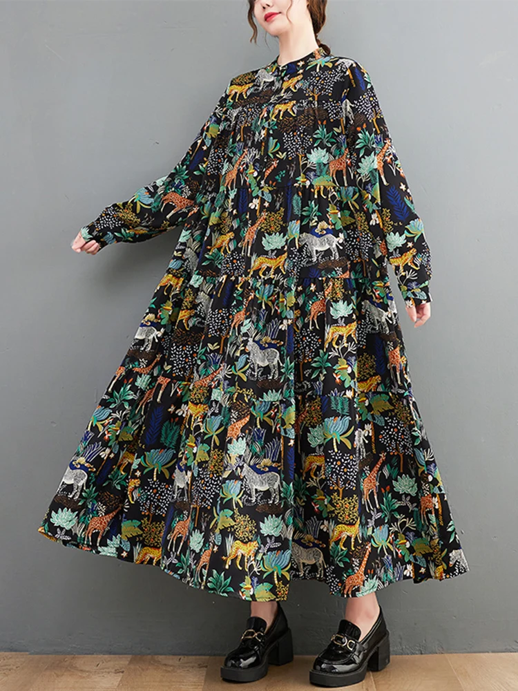 Pattern Print Shirt Dresses For Women Long Sleeve Loose Casual Vintage Dress Vestidos Fashion Elegant Clothes Spring Autumn 2025